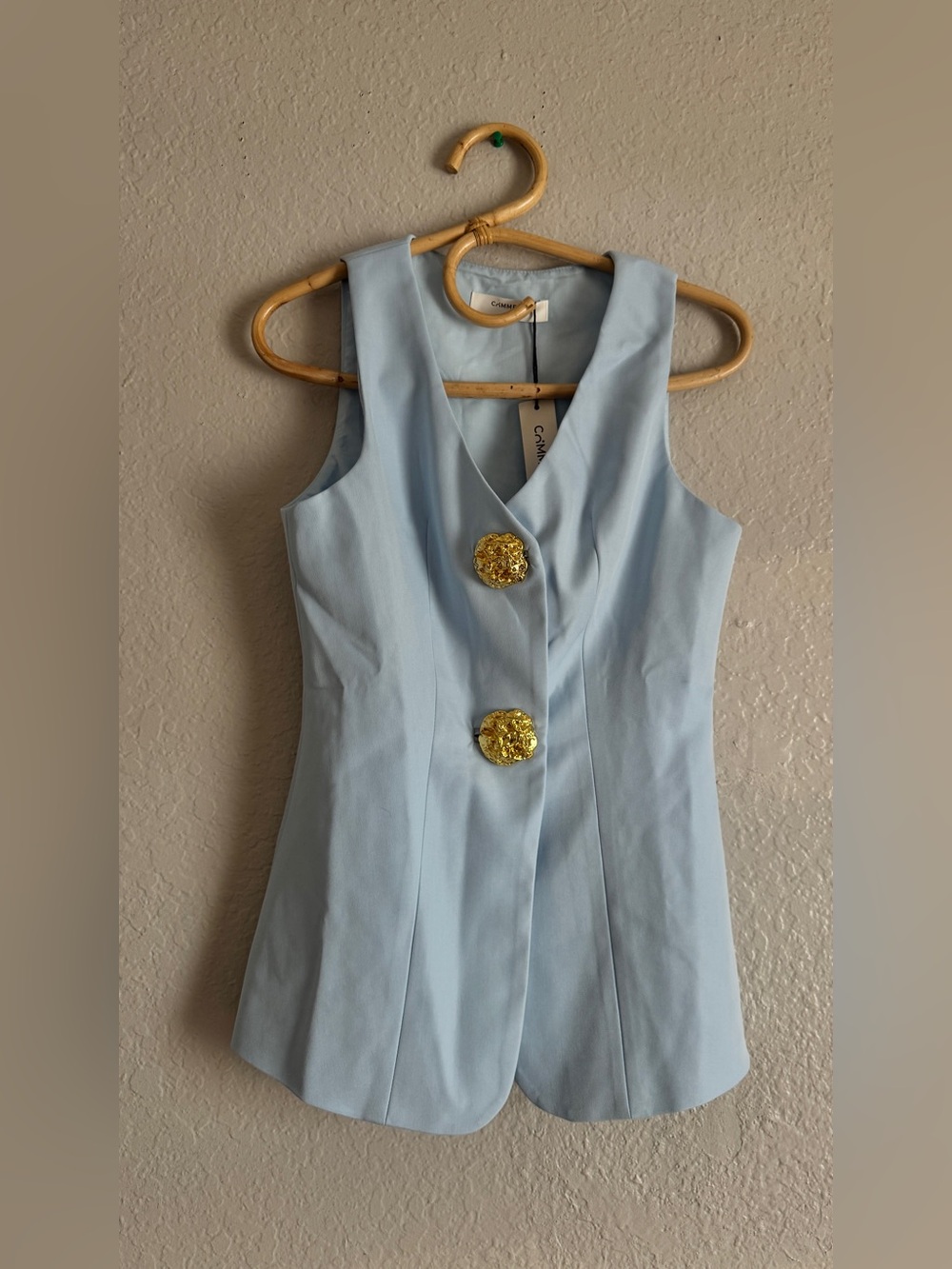 Commense Light Blue Sleeveless Blazer Top with Gold Buttons